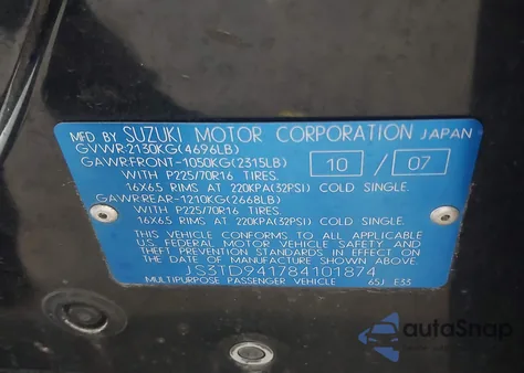 2008 Suzuki Grand Vitara from USA, damaged, VIN JS3TD941784101874